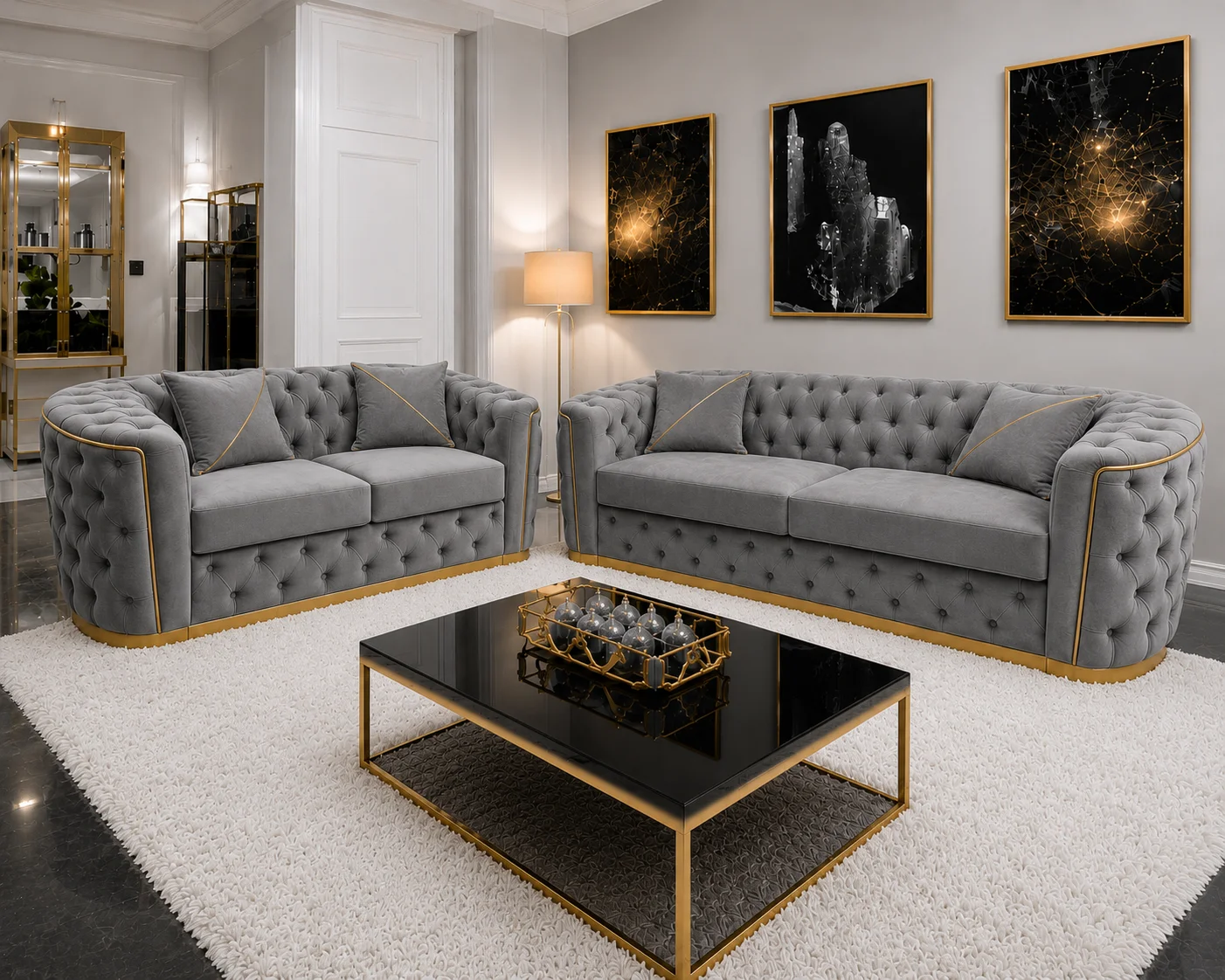 Luxury Grey 3+2 Seater Chesterfield Sofa Set with Gold Trim - Image 3