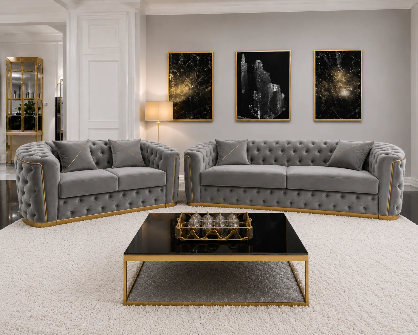 Luxury Grey 3+2 Seater Chesterfield Sofa Set with Gold Trim - Image 4