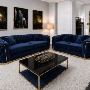 Luxury Blue 3+2 Seater Chesterfield Sofa Set with Gold Trim