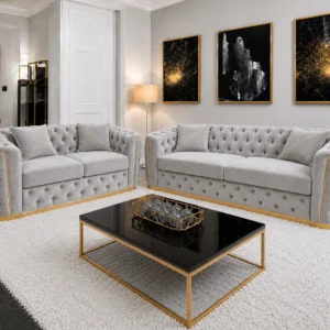 Madrid 5 Seater Chesterfield Sofa Set – Luxury Grey Velvet 3+2 Seater Sofa with Gold Trim