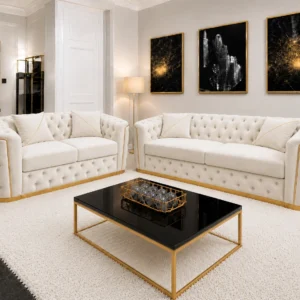 Luxury Off White 3+2 Seater Chesterfield Sofa Set with Gold Trim