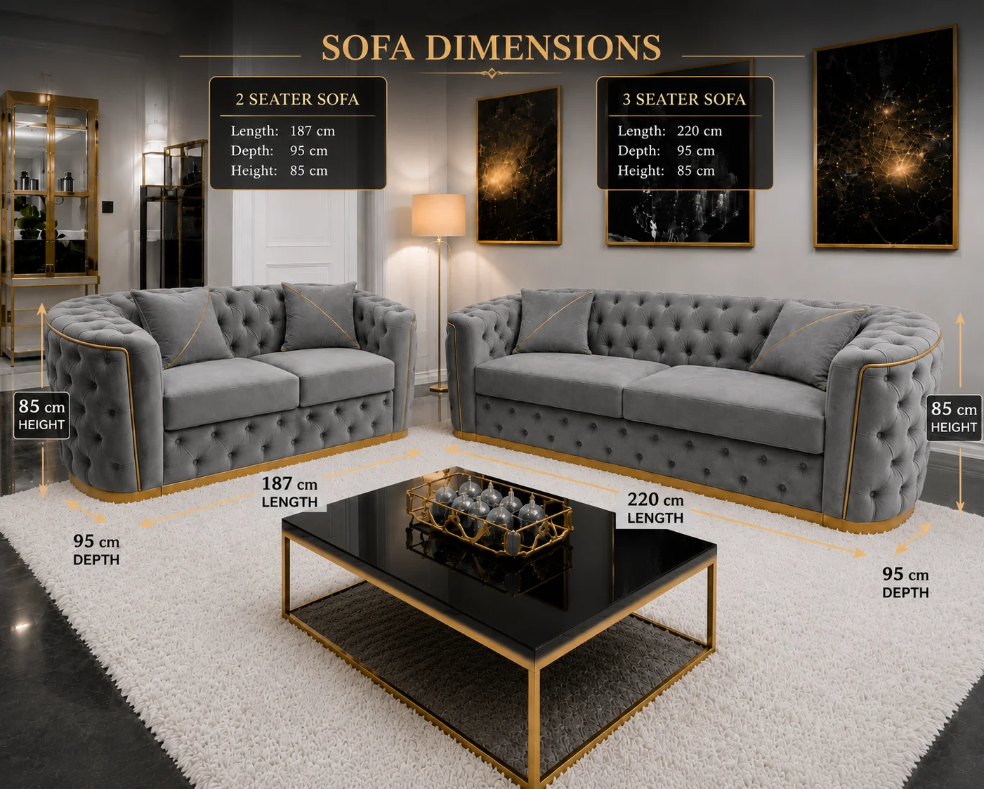 Luxury Grey 3+2 Seater Chesterfield Sofa Set with Gold Trim - Image 6