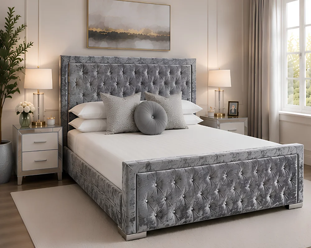 Glamorous Silver Hilton Bed Frame with mattress – Premium Padded Double Bed 160×200 cm with Mattress - Image 2