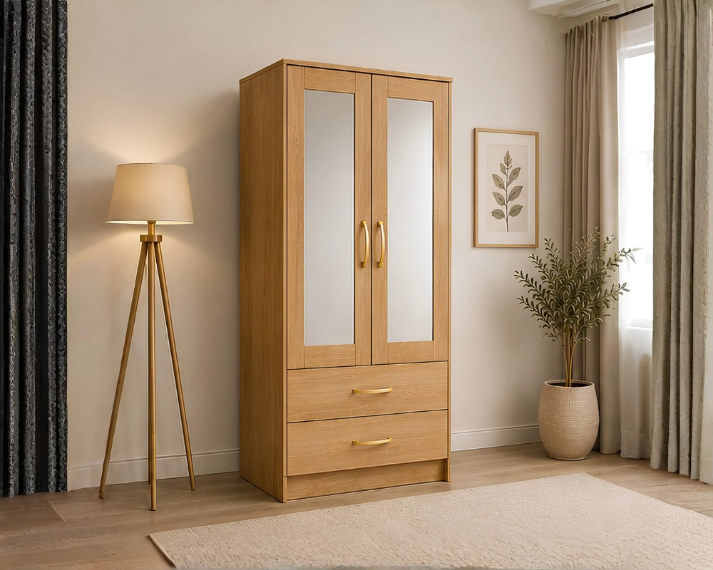 Compact 2 Door Wardrobe with Hanging Rail & Mirror with Oak colors - SpaceSaver Two Door Wardrobe with Dual Mirrors - Image 4