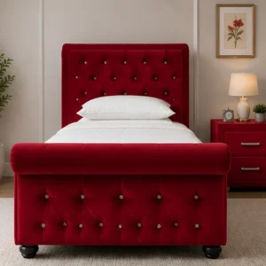 Elegant Red Upholstered Sleigh Single Bed with mattress – 90 × 190 cm