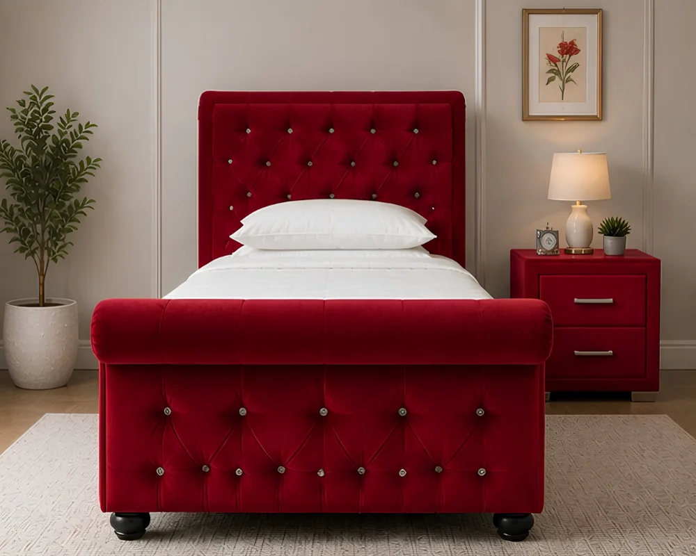 Elegant Red Upholstered Sleigh Single Bed with mattress – 90 × 190 cm