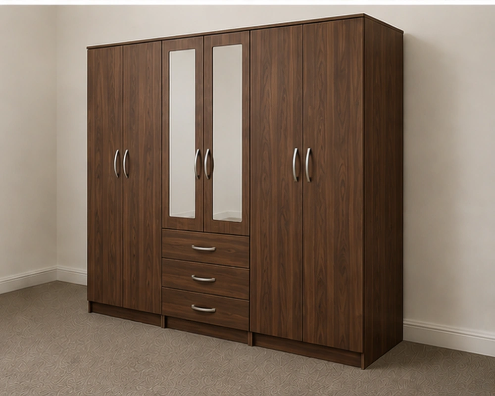 6 Door Wooden Wardrobe with 3 Drawers & Double Mirrors – Bedroom Storage Cabinet - Image 3