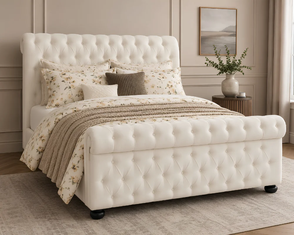Contemporary White Velvet Emperor Bed - Elegant White Emperor Bed with Mattress - Image 2