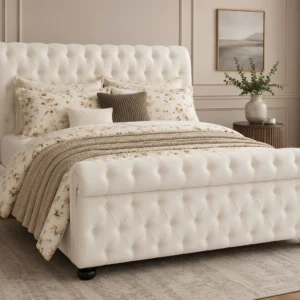 White Luxury Sleigh King Size Bed Frame 5ft -Upholstered Velvet Bed-King Bed with Mattress