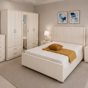Wooden King Size Bed Furniture Set - Four Door Wardrobe With Four Drawer - Chest of Five Drawers With Two Bed Side Table