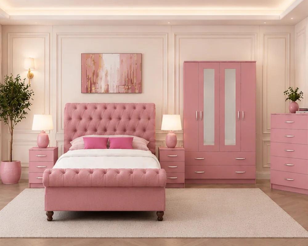 Bedroom Set With Double Bed - four Door Wardrobe With Four Drawer - Chest of Five Drawers With Two Bed Side Table - Image 3