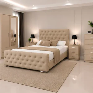 Modern Bedroom Essentials - Double Bed - 2 Door Mirror Wardrobe - Five Drawer Chest - Two Bedside Tables