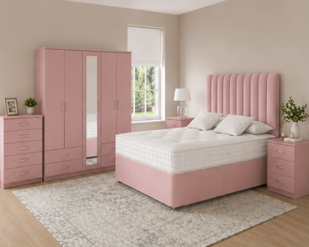 Luxury Bedroom Set – Double Bed with 5 Door Wardrobe, Full Length Mirror, 4 Bottom Drawers, Chest of 5 Drawers & 2 Bed Side Tables - Image 2