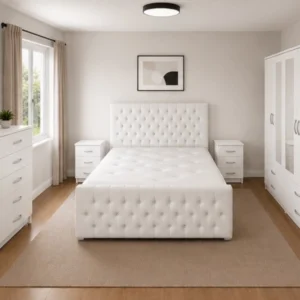 Grand Luxury Double Bed Furniture Set - Five Door Wardrobe With One Mirror And Four Bottom Drawers - Chest of Five Drawers With Two Bed Side Tables