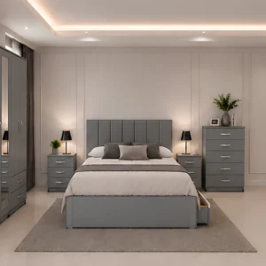 Complete Bedroom Furniture Collection – Double Bed, 5 Door Wardrobe with Full Length Mirror, Chest of Five Drawers & 2 Bed Side Tables