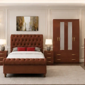 Contemporary Double Bed Set - four Door Wardrobe With Four Drawer & 2 mirror - Chest of Five Drawers With Two Bed Side Table