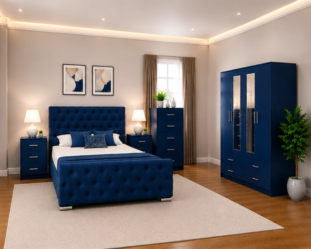 Luxury King Size Bedroom Interior Furniture Package With Four Door Wardrobe With Two Mirror - Chest of Five Drawers With Two Bed Side Table - Image 4