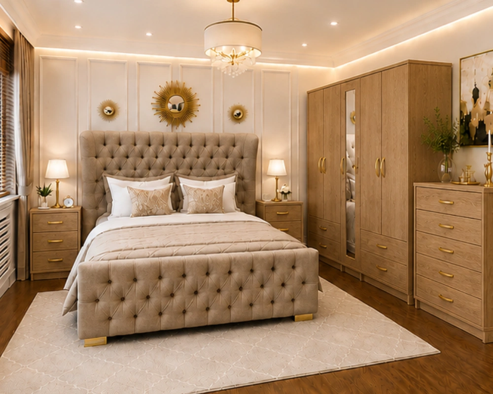 Wooden King Bed Furniture Set With Five Door Wardrobe With One Long Mirror - Chest of Five Drawers With Two Bed Side Table - Image 2