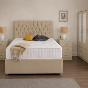Complete Bedroom Furniture Collection – Double Bed, 3 Door Wardrobe with Two Half Mirrors, Two Bottom Drawers & Chest of Five Drawers