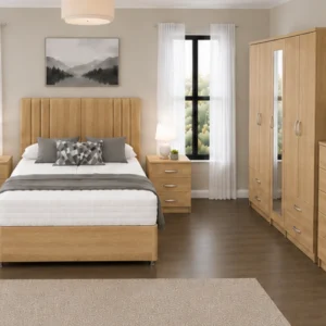Elegant Bedroom Furniture Bundle - Four Door Mirror Wardrobe With Four Bottom Drawers - Chest of Five Drawers - Double Bed