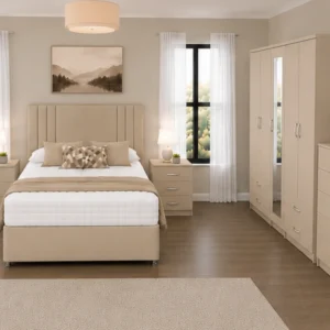 Luxury Double Bed Furniture Set – Five Door Wardrobe with Four Bottom Drawers – Chest of Five Drawers with Two Bedside Tables