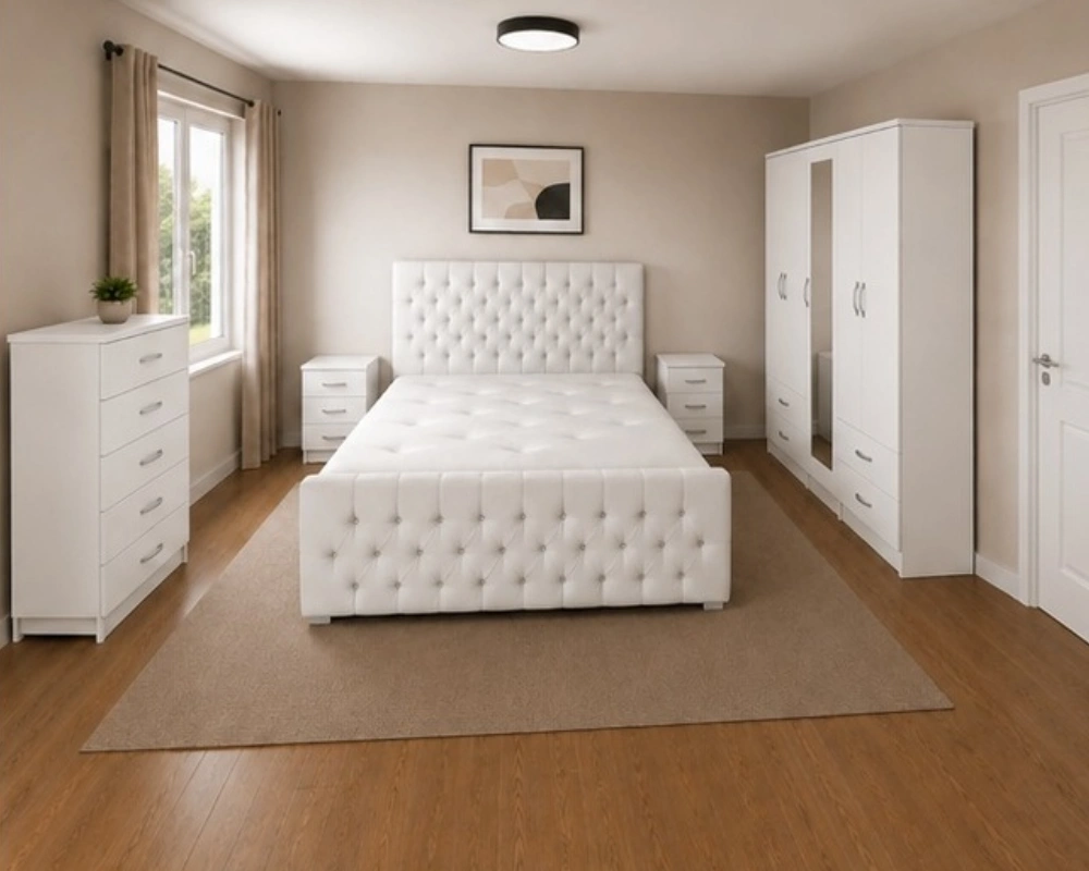Complete Double Bed Furniture Package - Four Door Wardrobe With Two Mirrors And Four Bottom Drawers - Chest of Five Drawers With Two Bed Side Tables - Image 4