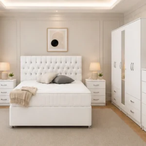 Modern Bedroom Collection – Double Bed, Five Door Wardrobe, Full Length Mirror, Four Bottom Drawers & Matching Bed Side Tables