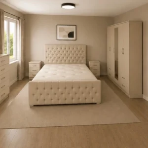 Modern King Size Bed Furniture Collection - Five Door Wardrobe With One Mirror And Four Bottom Drawers - Chest of Five Drawers With Two Bed Side Tables