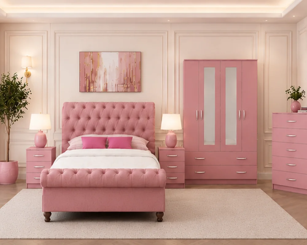 Bedroom Set With Double Bed - four Door Wardrobe With Four Drawer - Chest of Five Drawers With Two Bed Side Table