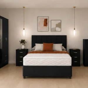 Premium Bedroom Furniture Collection – King Size Bed with Storage – Mirrored Wardrobe – 5 Drawer Chest – Bedside Units
