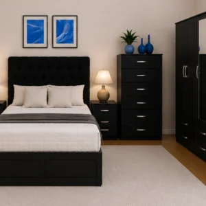 Modern Storage Bedroom Suite - Double Bed - 4 Door Wardrobe With Full Mirrors And Four Drawers - Bedside Table Pair