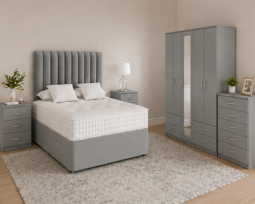 Modern Luxury Double Bed Set – Five Door Wardrobe Featuring Full Length Mirror, Four Bottom Drawers, Chest of Five Drawers & 2 Bed Side Tables - Image 2
