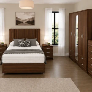 Designer Double Bed Furniture Set – Five Door Wardrobe with Four Bottom Drawers – Complete Bedroom Collection
