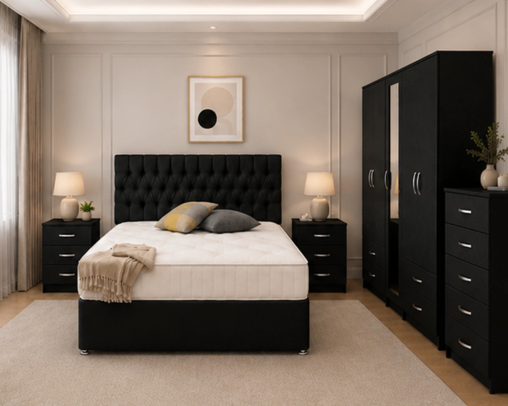 Luxury Double Bed Set with Five Door Full Length Mirror Wardrobe, Four Bottom Drawers, Five Drawer Chest & Two Bed Side Tables