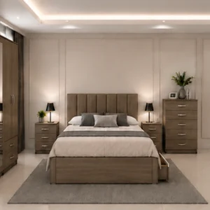 Designer Double Bed Furniture Set – 5 Door Wardrobe with Full Length Mirror, Four Bottom Drawers, Chest of Five Drawers & Bed Side Tables