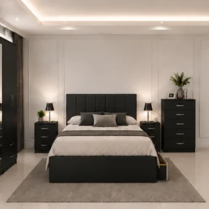 Complete Home Bedroom Set – Double Bed with 5 Door Full Mirror Wardrobe, Four Bottom Drawers & Five Drawer Chest