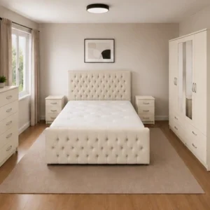 Elegant Double Bed Room Set - Four Door Wardrobe With Two Mirrors And Four Bottom Drawers - Chest of Five Drawers With Two Bed Side Tables
