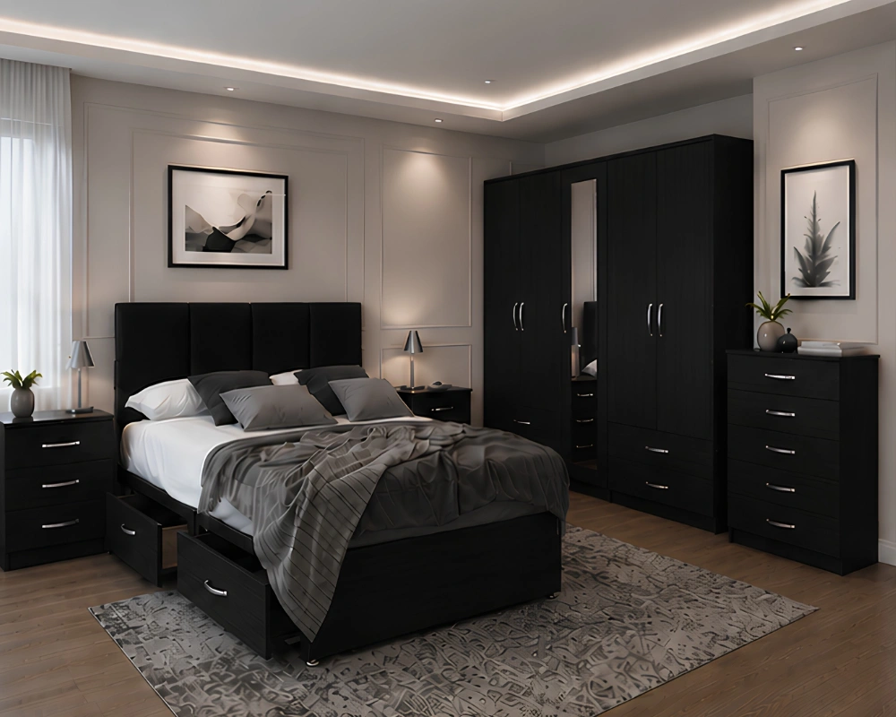 Luxury Double Bed Furniture Set – Five Door Wardrobe with Full Length Mirror & Four Bottom Drawers – Chest of Five Drawers with Two Bed Side Tables - Image 2