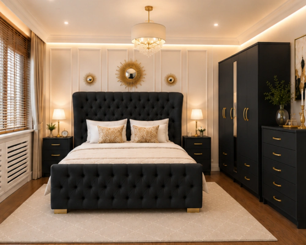 Designer Wooden King Bedroom Furniture With Five Door Wardrobe With One Long Mirror - Chest of Five Drawers With Two Bed Side Table - Image 3
