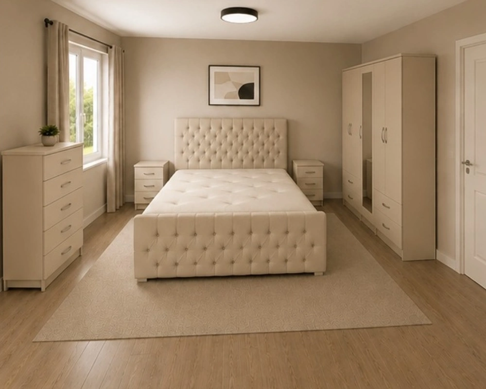 Modern King Size Bed Furniture Collection - Five Door Wardrobe With One Mirror And Four Bottom Drawers - Chest of Five Drawers With Two Bed Side Tables - Image 3