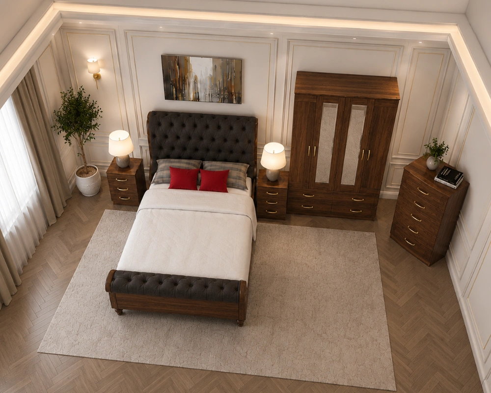 Classic King Size Bed Furniture Set - four Door Wardrobe With Four Drawer - Chest of Five Drawers With Two Bed Side Table - Image 2