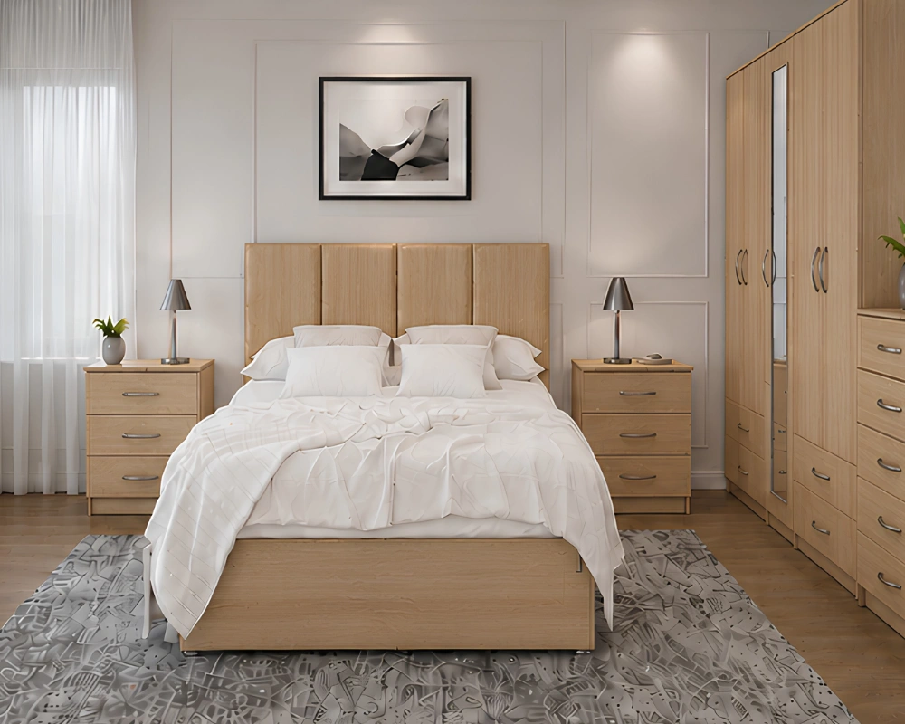 Stylish Double Bed Furniture Set – 5 Door Full Length Mirror Wardrobe with Four Bottom Drawers – Chest of Five Drawers & Two Bed Side Tables