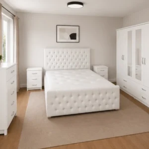 Complete Double Bed Furniture Package - Four Door Wardrobe With Two Mirrors And Four Bottom Drawers - Chest of Five Drawers With Two Bed Side Tables