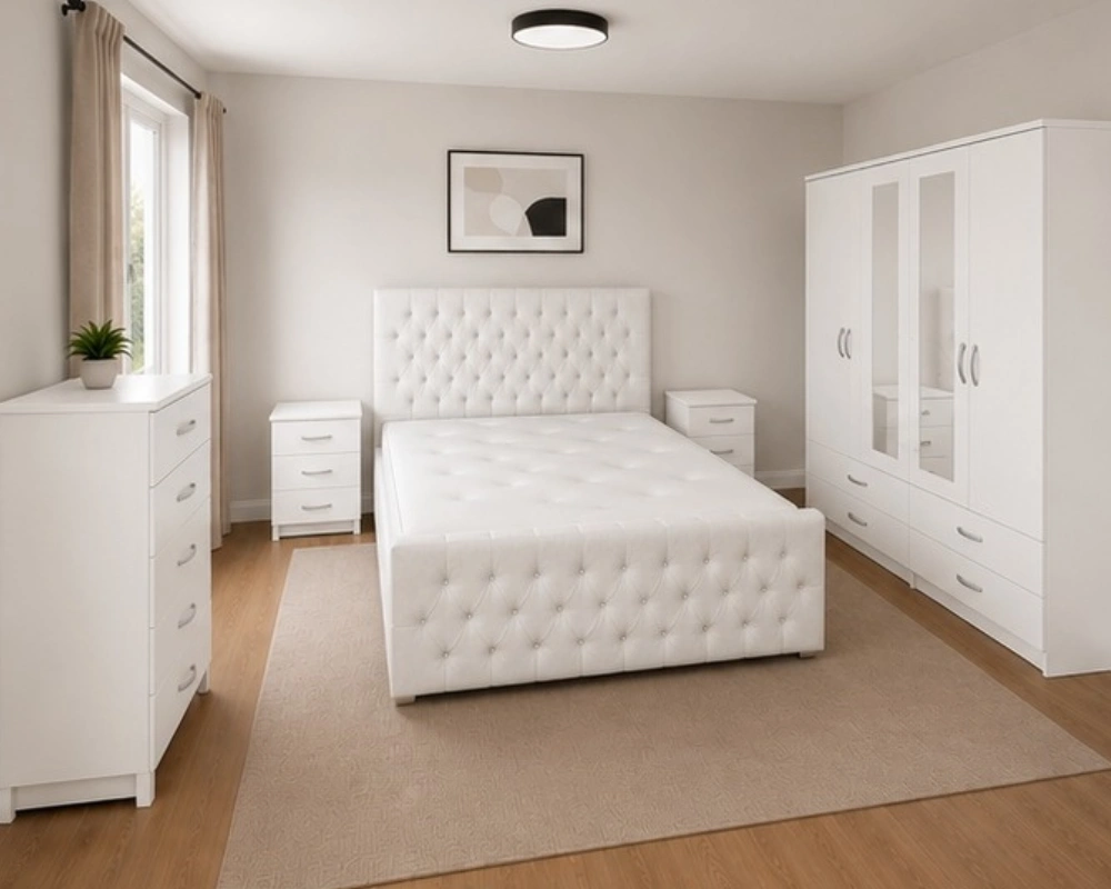 Complete Double Bed Furniture Package - Four Door Wardrobe With Two Mirrors And Four Bottom Drawers - Chest of Five Drawers With Two Bed Side Tables