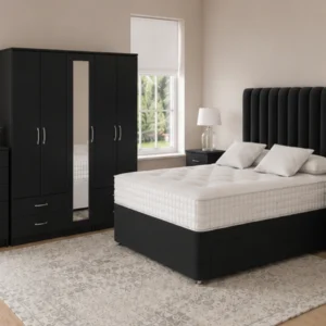 Modern Bedroom Collection – Double Bed, Five Door Mirror Wardrobe with Four Bottom Drawers, Chest of Five Drawers & Two Bed Side Tables