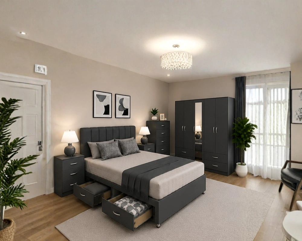 Luxury Double Bed Furniture Set – Five Door Wardrobe with Four Bottom Drawers – Chest of Five Drawers with Two Bedside Tables - Image 3