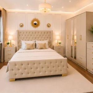 Luxury Master Bedroom Set – 6 Door Wardrobe Featuring Two Long Mirrors, Four Bottom Drawers, Chest of Five Drawers & Two Bed Side Tables