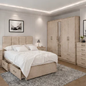 Premium Bedroom Essentials - Double Bed - Five Door Wardrobe With Dual Mirrors And Storage Drawers - Two Bedside Tables