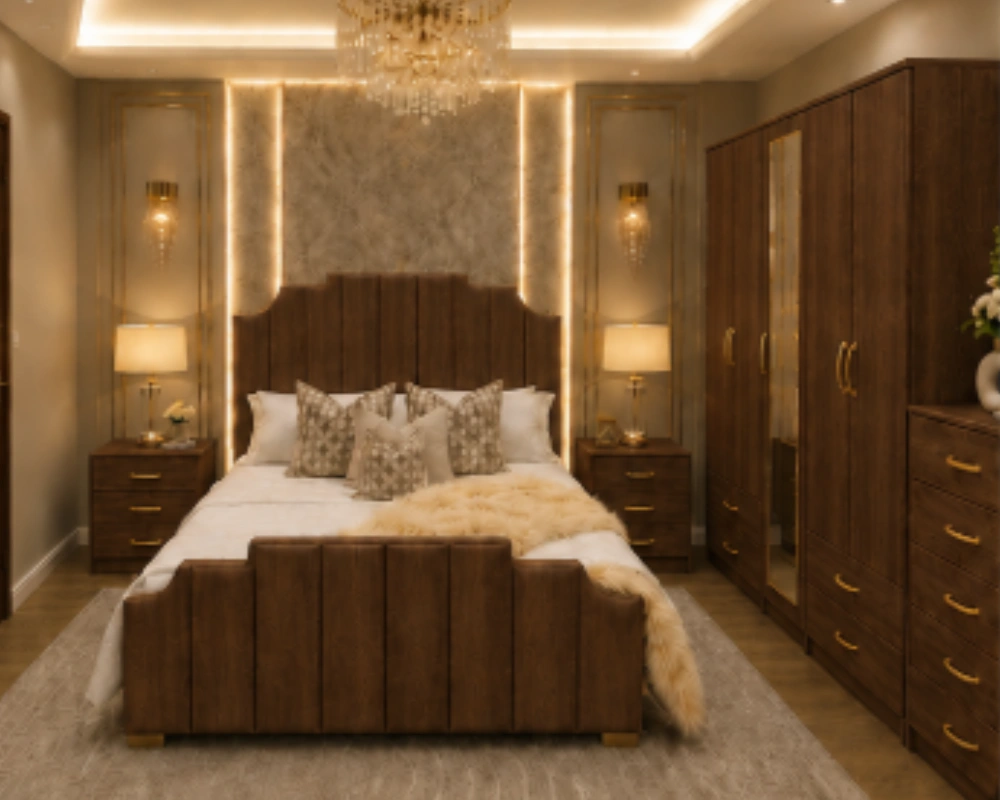 Luxury Double Bed Furniture Set - five Door Wardrobe With Four Drawer - Chest of Five Drawers With Two Bed Side Table - Image 3
