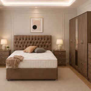 Luxury Bedroom Package – Double Bed, Five Door Mirror Wardrobe, Chest of Five Drawers & Two Matching Bed Side Tables